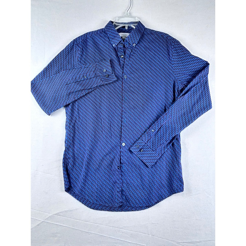 Calvin Klein Mens Slim Fit Geometric Basketweave Button Down Shirt Blue Purple S